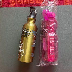 Set of two water bottles - metallic gold and plastic pink water bottle